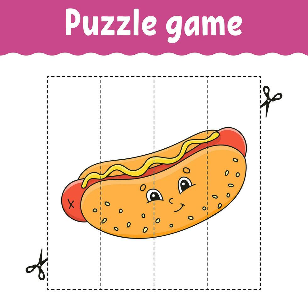 Puzzle game for kids. Cutting practice. Education developing worksheet. Activity page. cartoon character. Vector illustration.