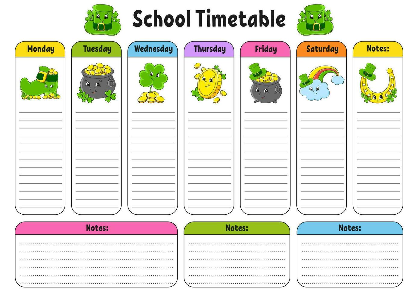 School schedule. Timetable for schoolboys. Empty template. Weekly planer with notes. cartoon character. Vector illustration.