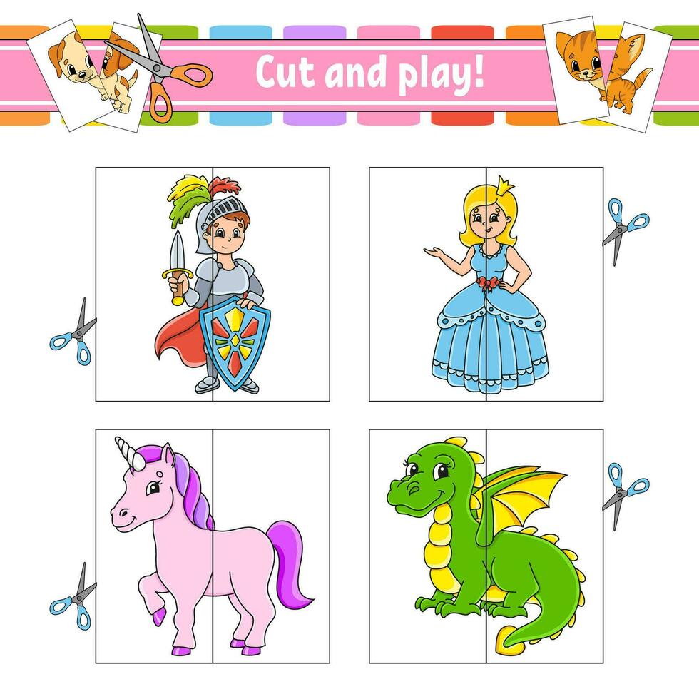 Cut and play. Flash cards. Color puzzle. Education developing worksheet. Activity page. Game for children. cartoon style. Funny character. Vector illustration.