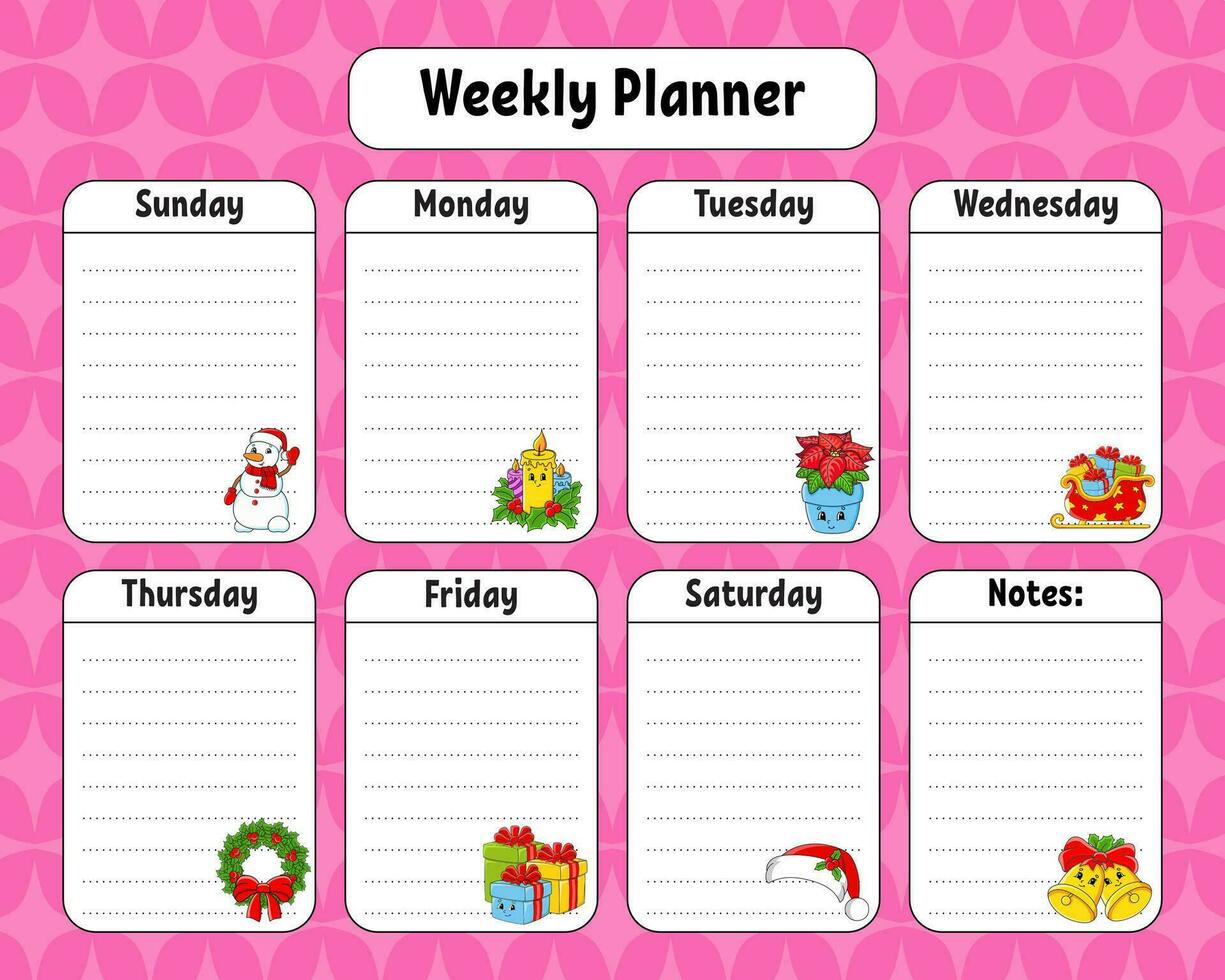 Weekly planner. Bright colorful blank printable template. Vector illustration.