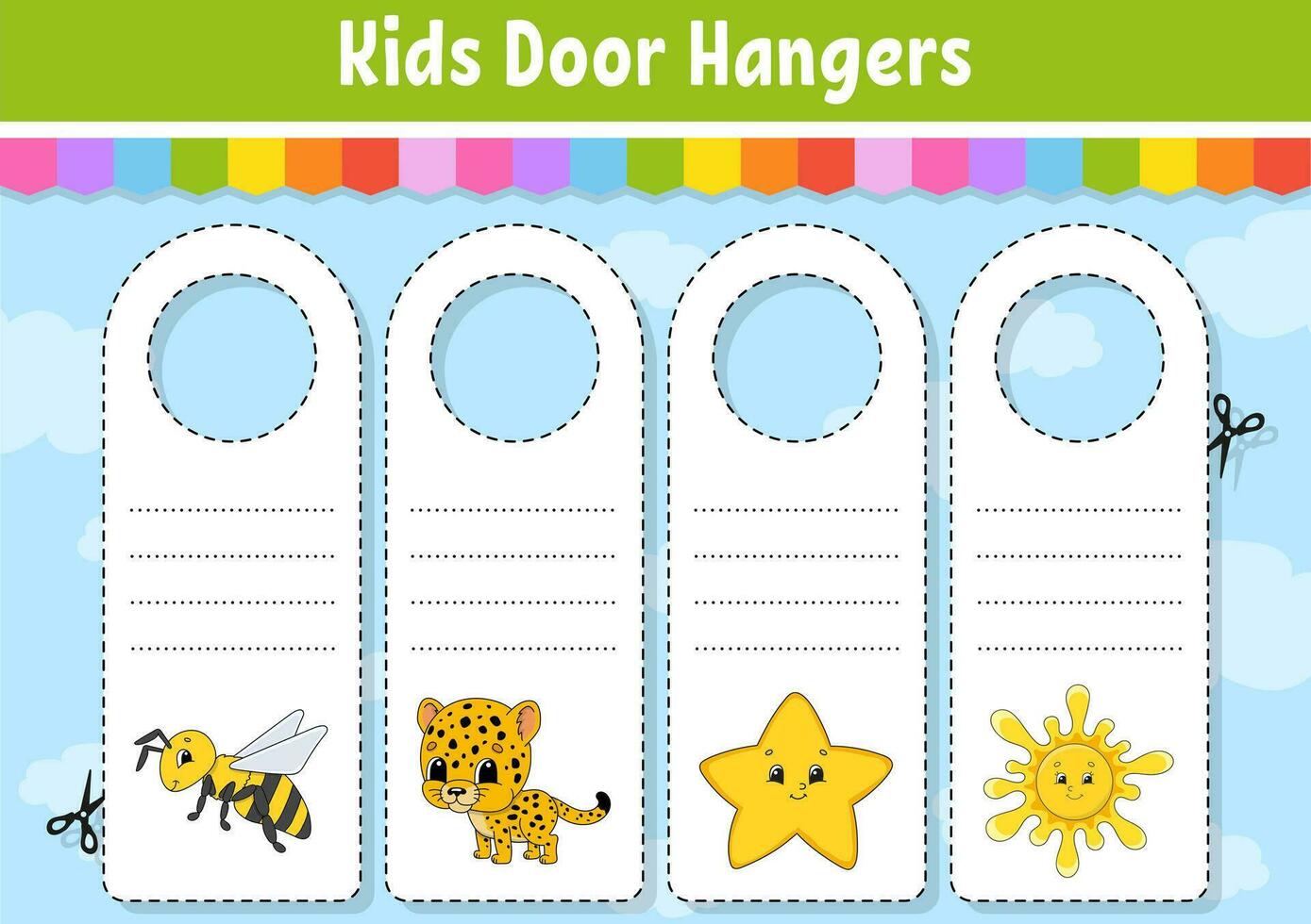 Door hangers. Cute cartoon characters. Sign printable. Kids style. On doorknobs. Tag template. Vector illustration.