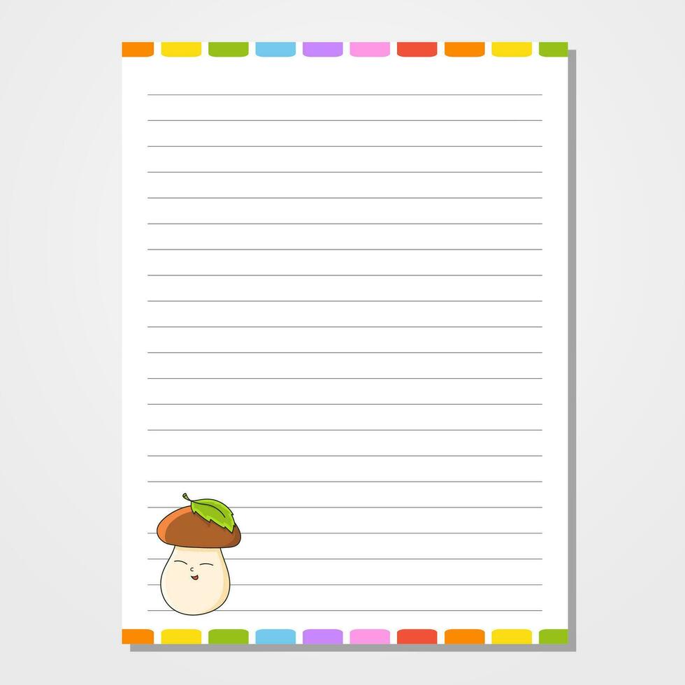 Sheet template for notebook, notepad, diary. Lined paper. Cute character. With a color image. cartoon style. Vector illustration.