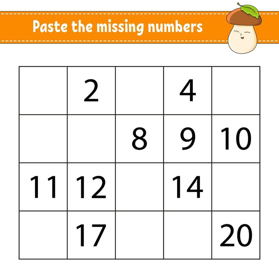 Paste the missing numbers 1-20. Game for children. Handwriting practice. Learning numbers for kids. Education developing worksheet. Activity page. Vector illustration.