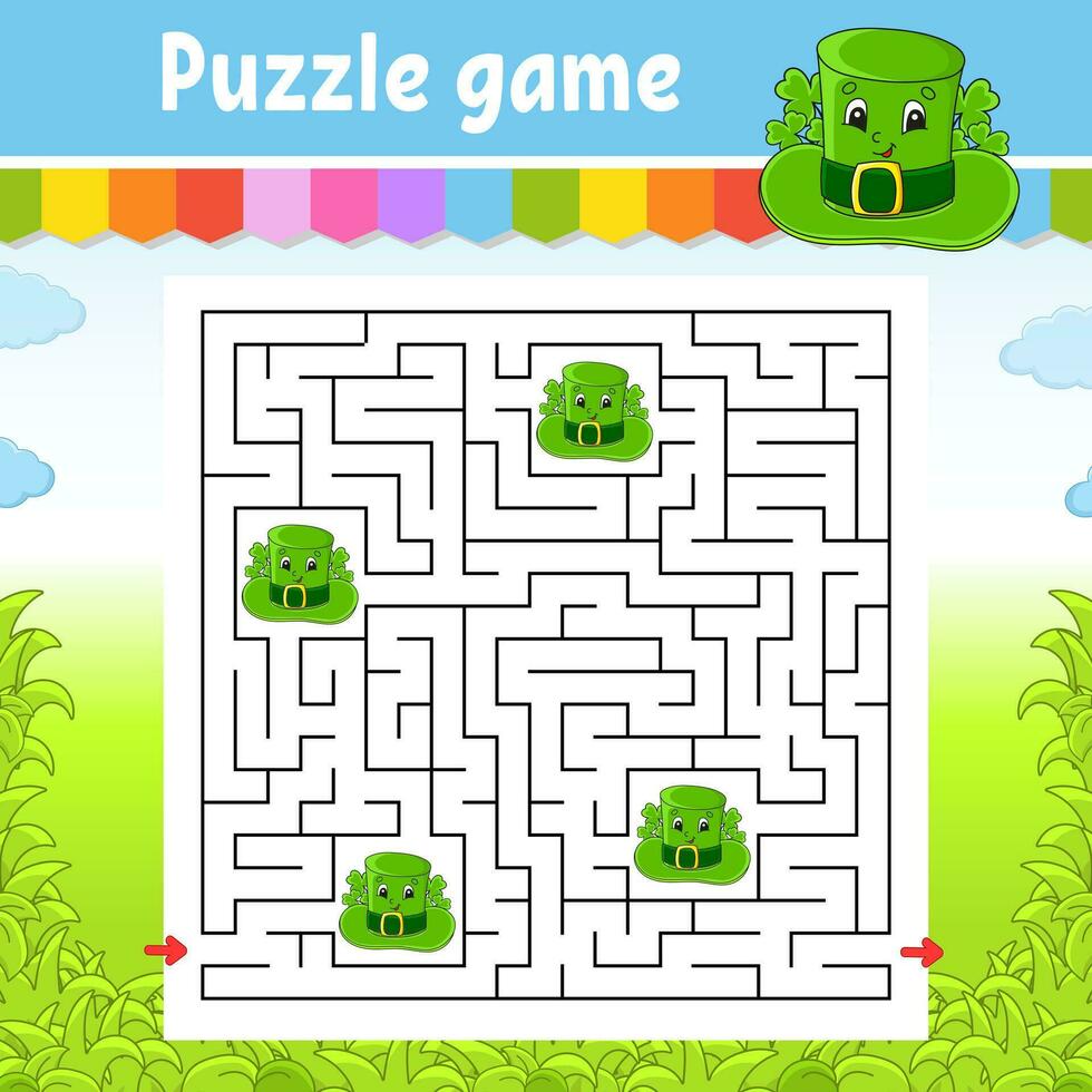 Square maze. Game for kids. Puzzle for children. Labyrinth conundrum. Find the right path. Cartoon character. Vector illustration.
