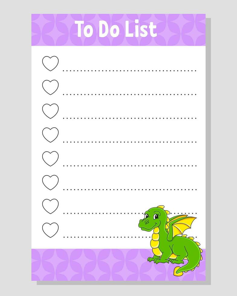 To do list for kids. Empty template. The rectangular shape. Funny character. cartoon style. For the diary, notebook, bookmark. Vector illustration.