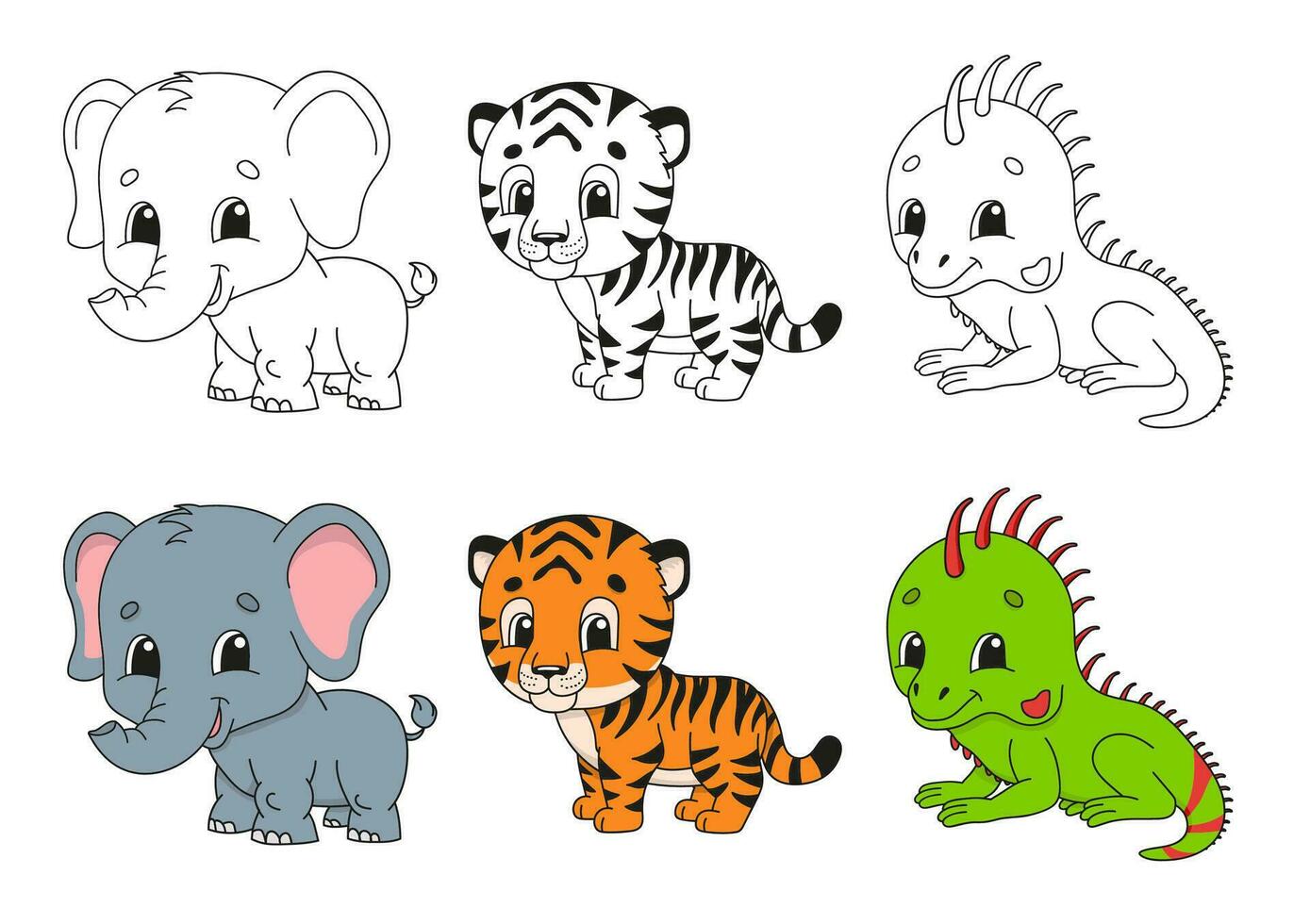 Set coloring page for kids. Cute cartoon characters. Black stroke. With sample. Bright stickers. Vector illustration.