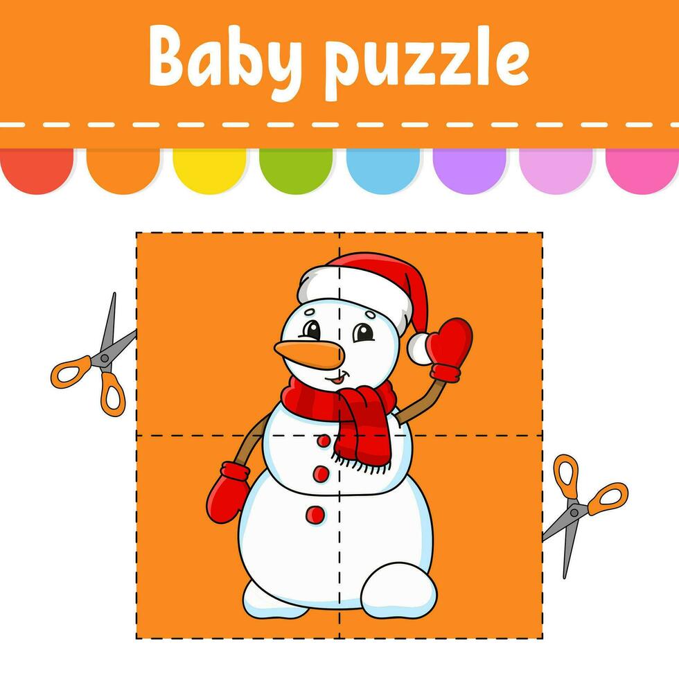 Baby puzzle. Easy level. Flash cards. Cut and play. Color activity worksheet. Game for children. cartoon character. Vector illustration.