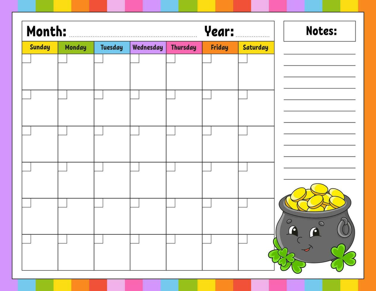 Blank calendar template for one month without dates. Colorful design with a cute character. Vector illustration.