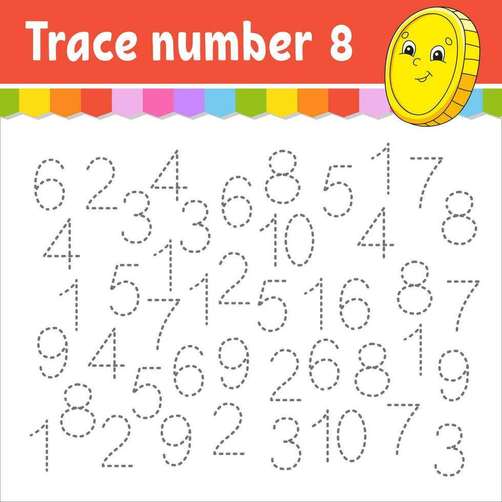 Trace number . Handwriting practice. Learning numbers for kids. Education developing worksheet. Activity page. Game for toddlers and preschoolers. Vector illustration.
