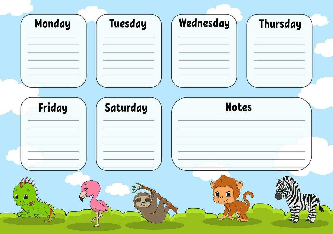 School timetable. For the education of children. Isolated on color background. With a cute cartoon character. Vector illustration.