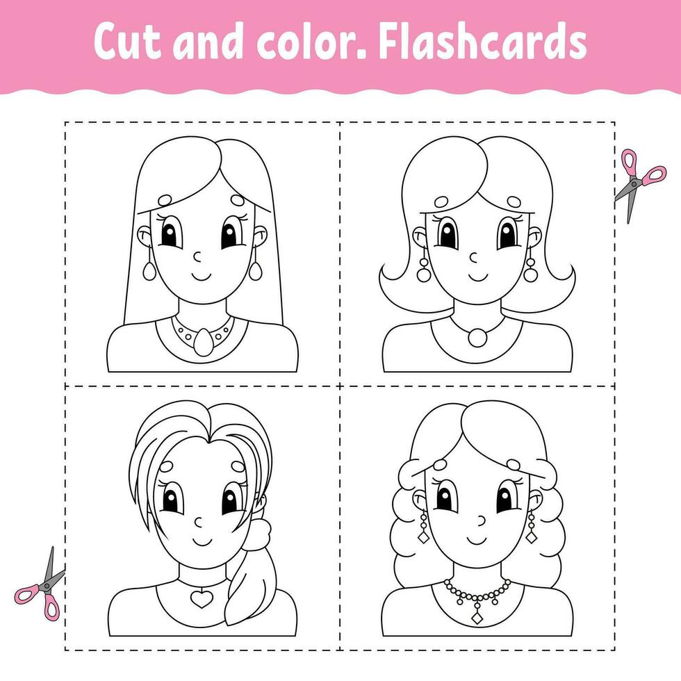 Cut and color. Flashcard Set. Coloring book for kids. Cute cartoon character. Black contour silhouette. Isolated on white background. Vector illustration.