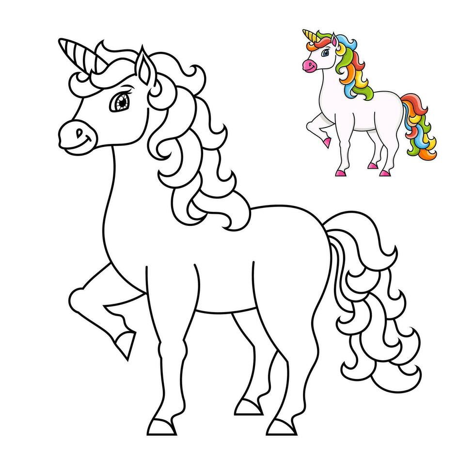 Cute unicorn. Magic fairy horse. Coloring book page for kids. Cartoon style. Vector illustration isolated on white background.