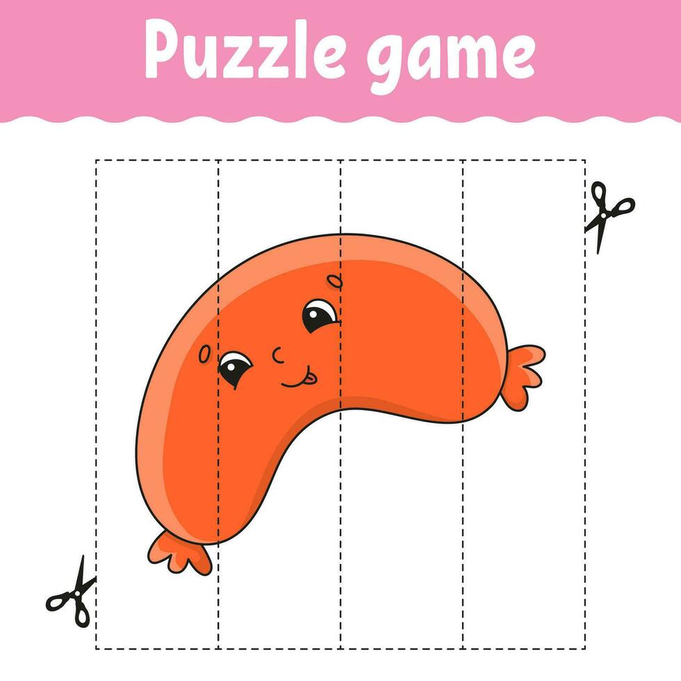 Puzzle game for kids. Cutting practice. Education developing worksheet. Activity page. cartoon character. Vector illustration.