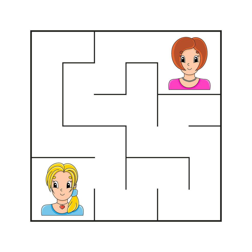 Simple square maze for toddlers. With cute cartoon characters. Isolated on white background. Vector illustration.