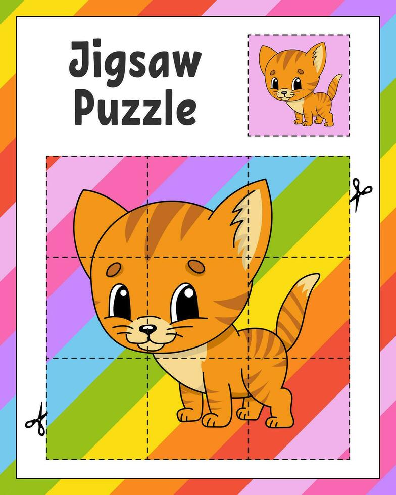 Puzzle game for kids. Jigsaw pieces. Color worksheet. Activity page. cartoon style. Vector illustration.