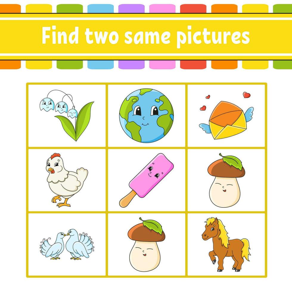 Find two same pictures. Task for kids. Education developing worksheet. Activity page. Color game for children. Funny character. Cartoon style. Vector illustration.