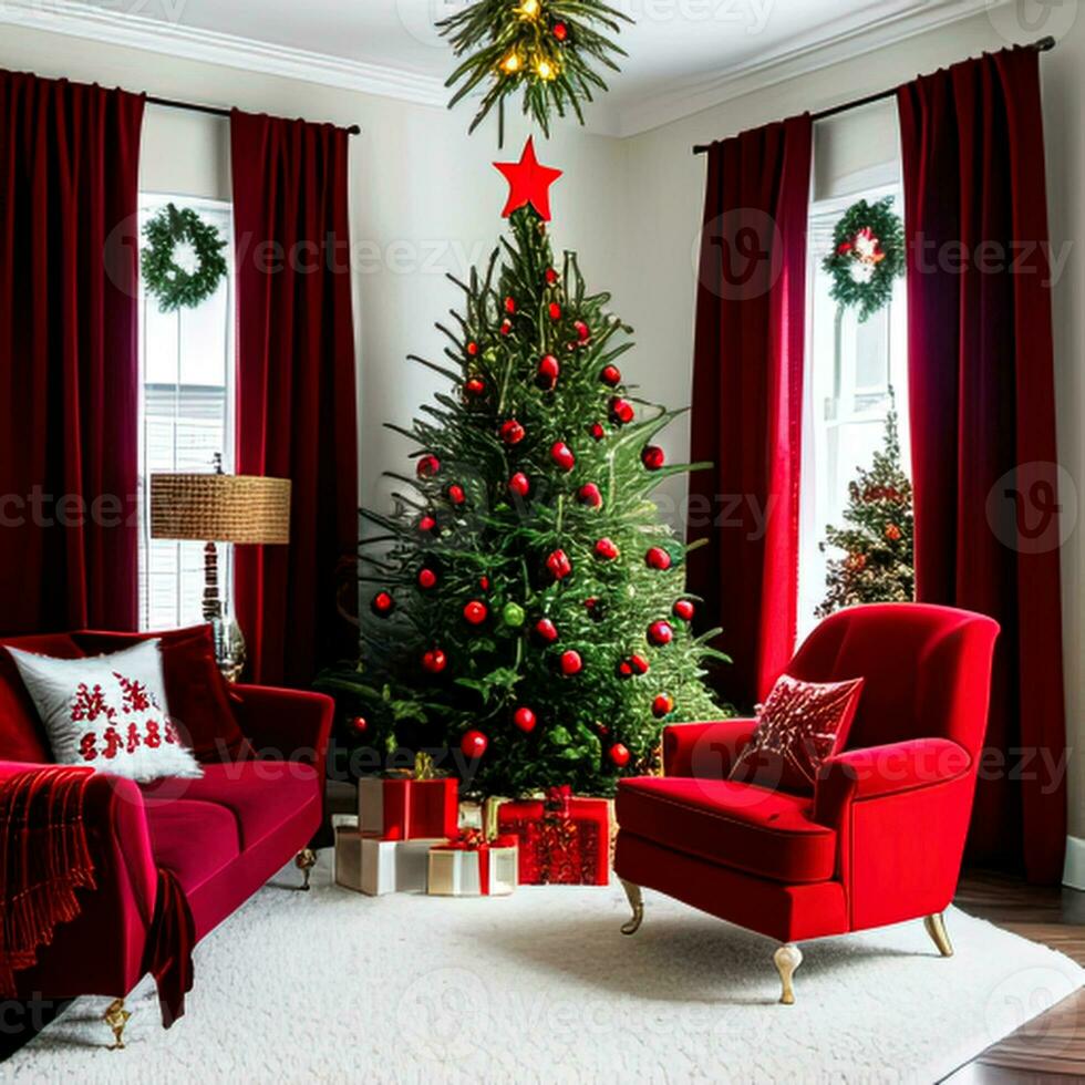 AI generated Christmas festive interior, Christmas tree with toys and gifts, AI generation photo