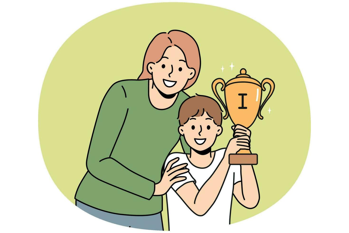 Smiling mother hug son with golden trophy vector