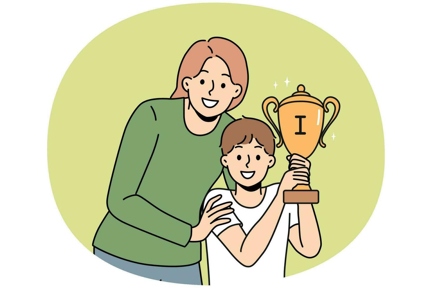 sonriente madre abrazo hijo con dorado trofeo vector