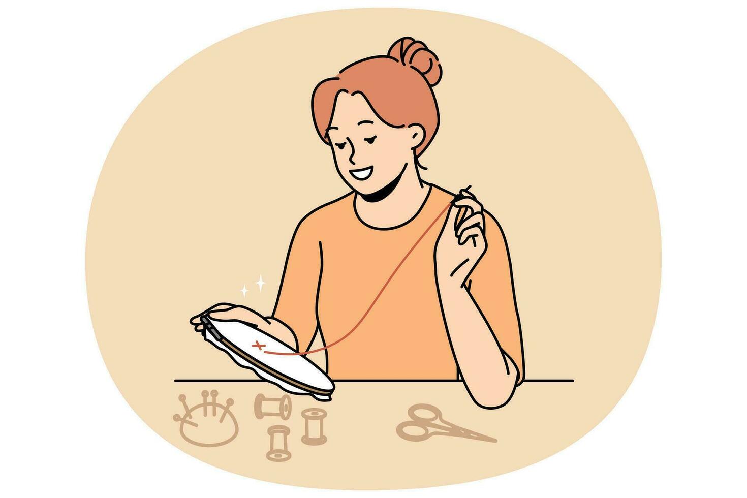 Smiling woman embroidering at home vector