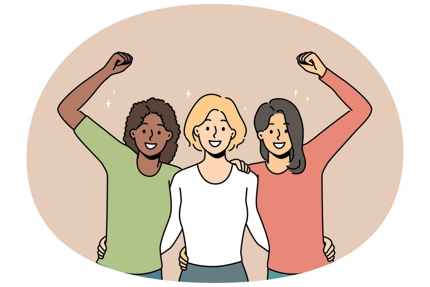 Overjoyed multiracial women hug show unity vector