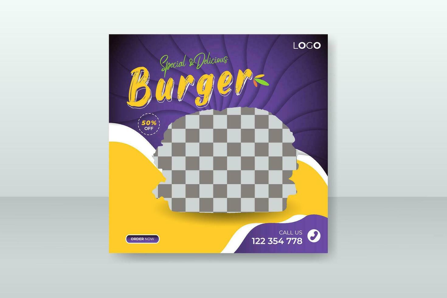 Delicious burger social media post design for restaurant, food social media promotion and post design template with abstract shapes vector