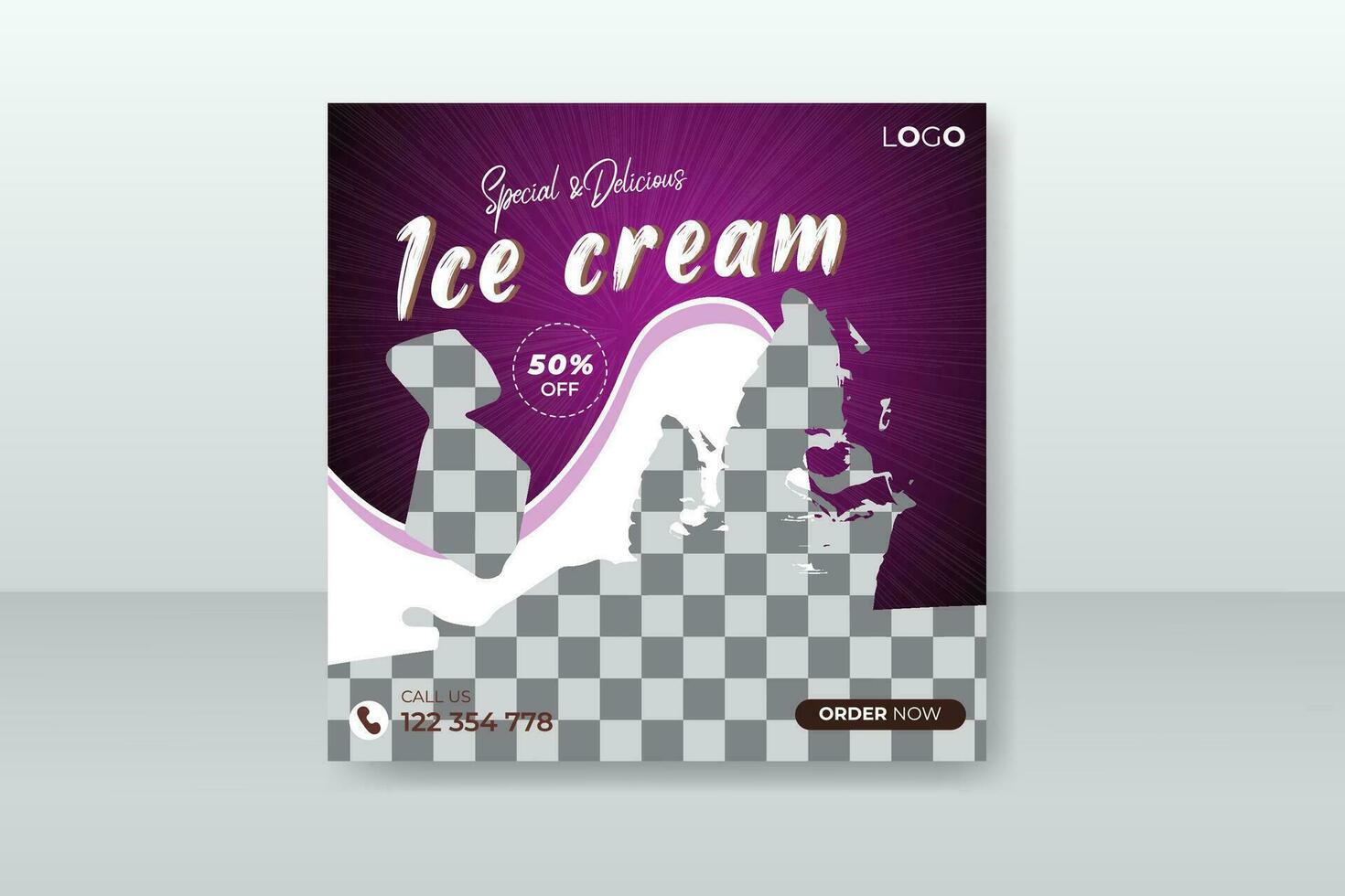 Special delicious ice cream social media post or promotional banner with discount offer abstract colorful shape vector
