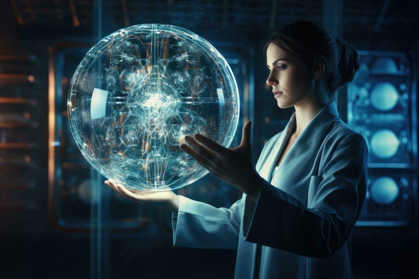 ai generado joven mujer científico trabajando con virtual globo en laboratorio. 3d representación, innovador tecnologías en Ciencias y medicamento, ai generado foto