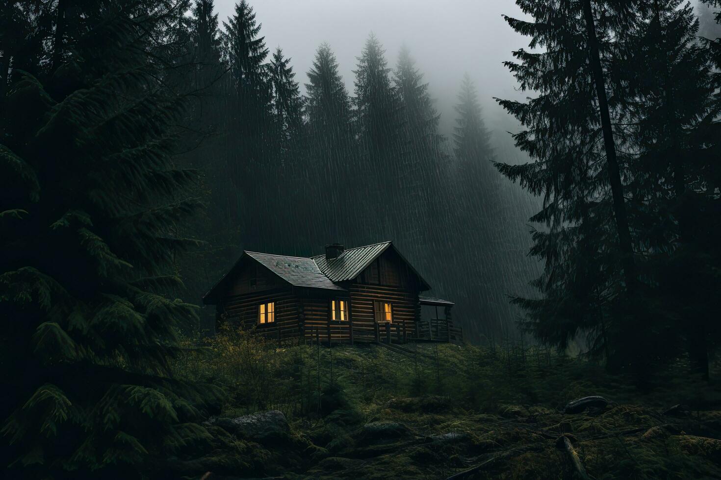 AI generated Wooden cottage in the forest in the fog. Carpathians, Ukraine, AI Generated photo