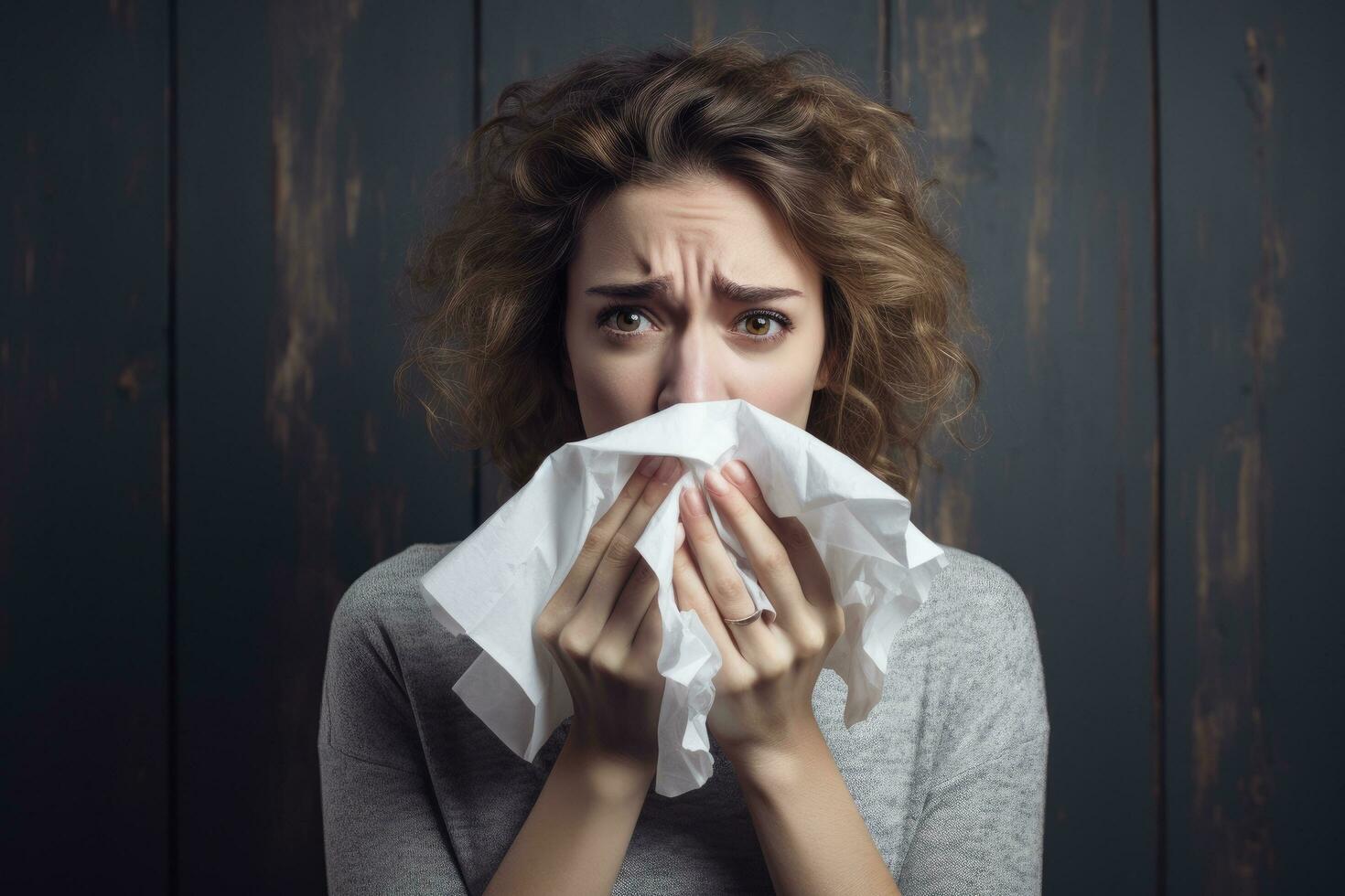 AI generated Portrait of a beautiful young girl with a tissue in her hand, Beautiful woman with flu sneezes into a paper napkin, AI Generated photo