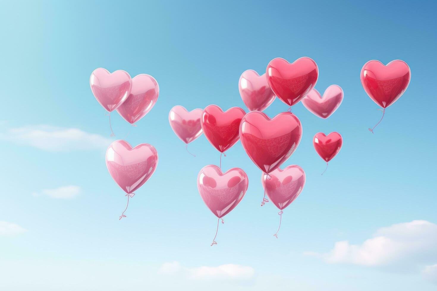 AI generated Pink heart shaped balloons on blue sky background. 3D Rendering, close up of heart sharp balloons flying in the air, levitation, AI Generated photo