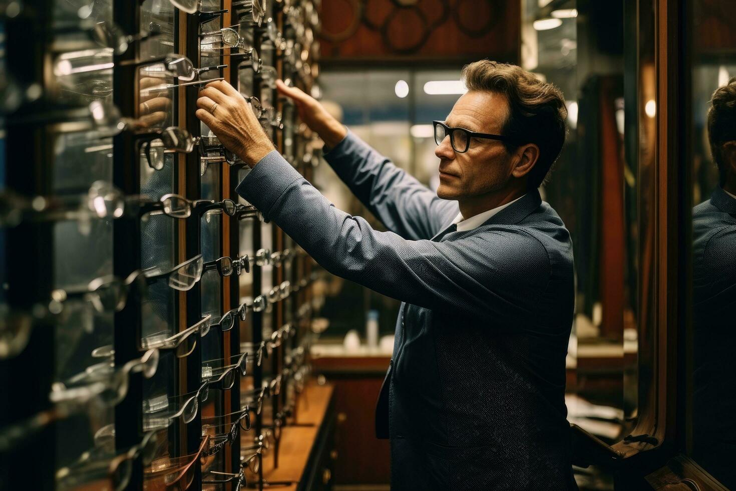 ai generado joven hombre en traje y lentes mirando a computadora en hardware almacenar, un oftalmólogo ajusta un marco en un marco en el salón de un óptico almacenar, ai generado foto