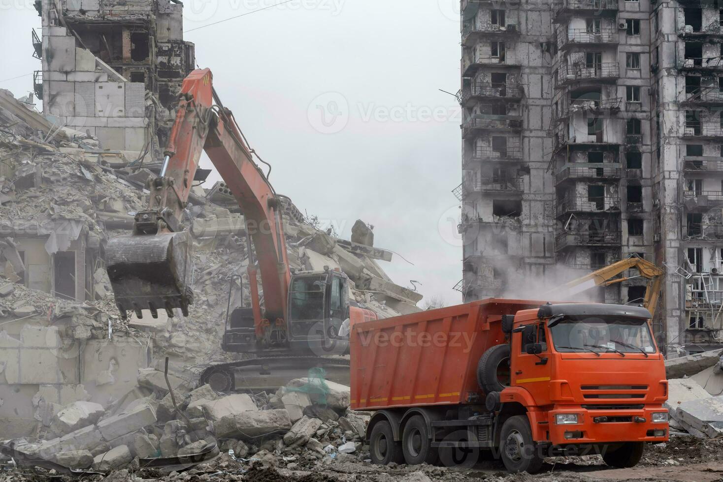 construction equipment destroys affected houses war in Ukraine photo