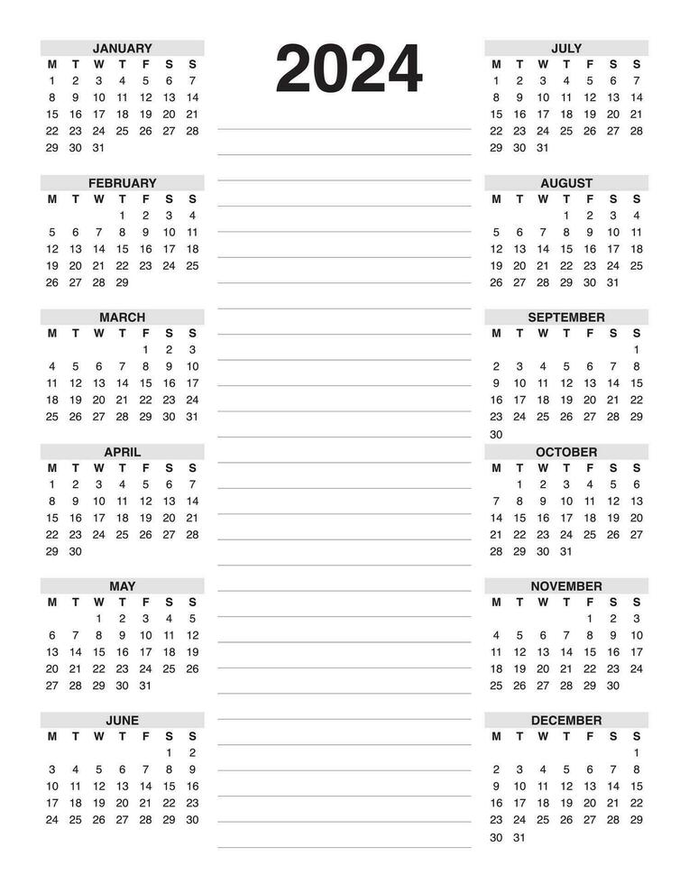 Calendar 2024 include with notes vector