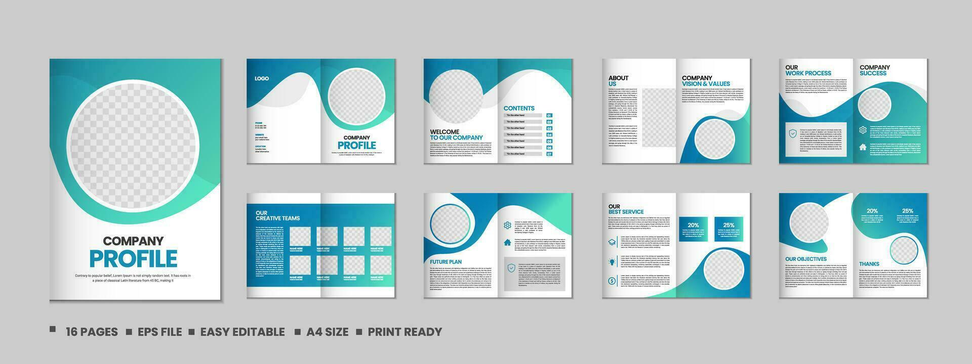 Company profile, multipage flyer brochure, 16 pages portfolio magazine, annual report, catalog and a4 multipage template design vector