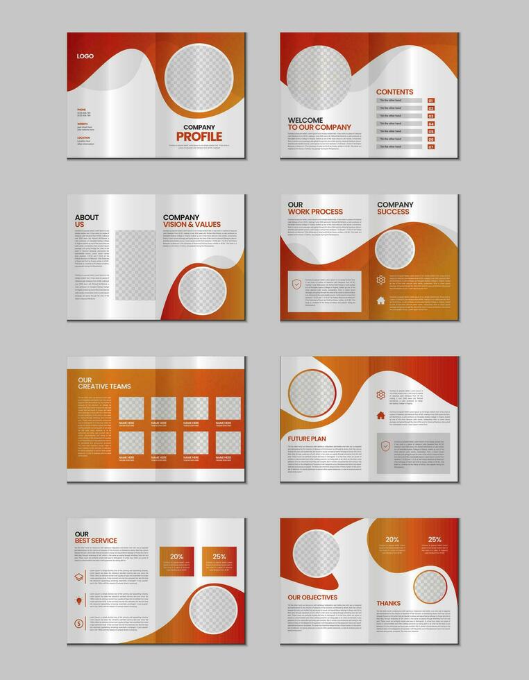 empresa perfil, multi página volantes folleto, dieciséis paginas portafolio revista, anual informe, catalogar y a4 multi página modelo diseño vector