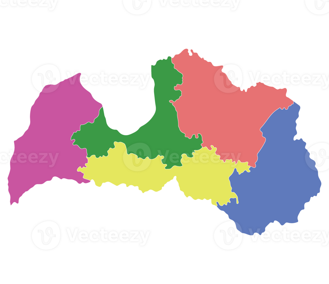 Latvia map. Map of Latvia divided into five main regions png