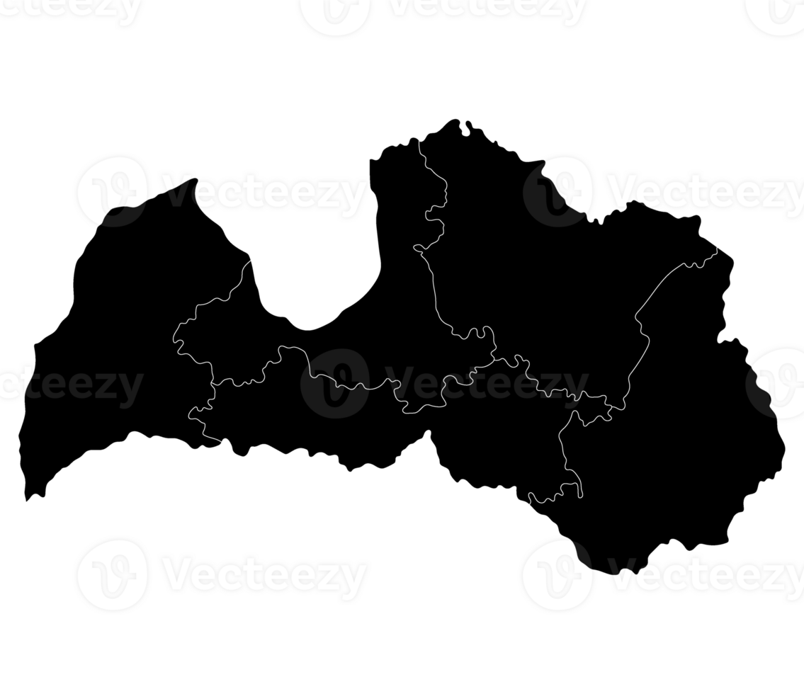 Latvia map. Map of Latvia divided into five main regions in black color png
