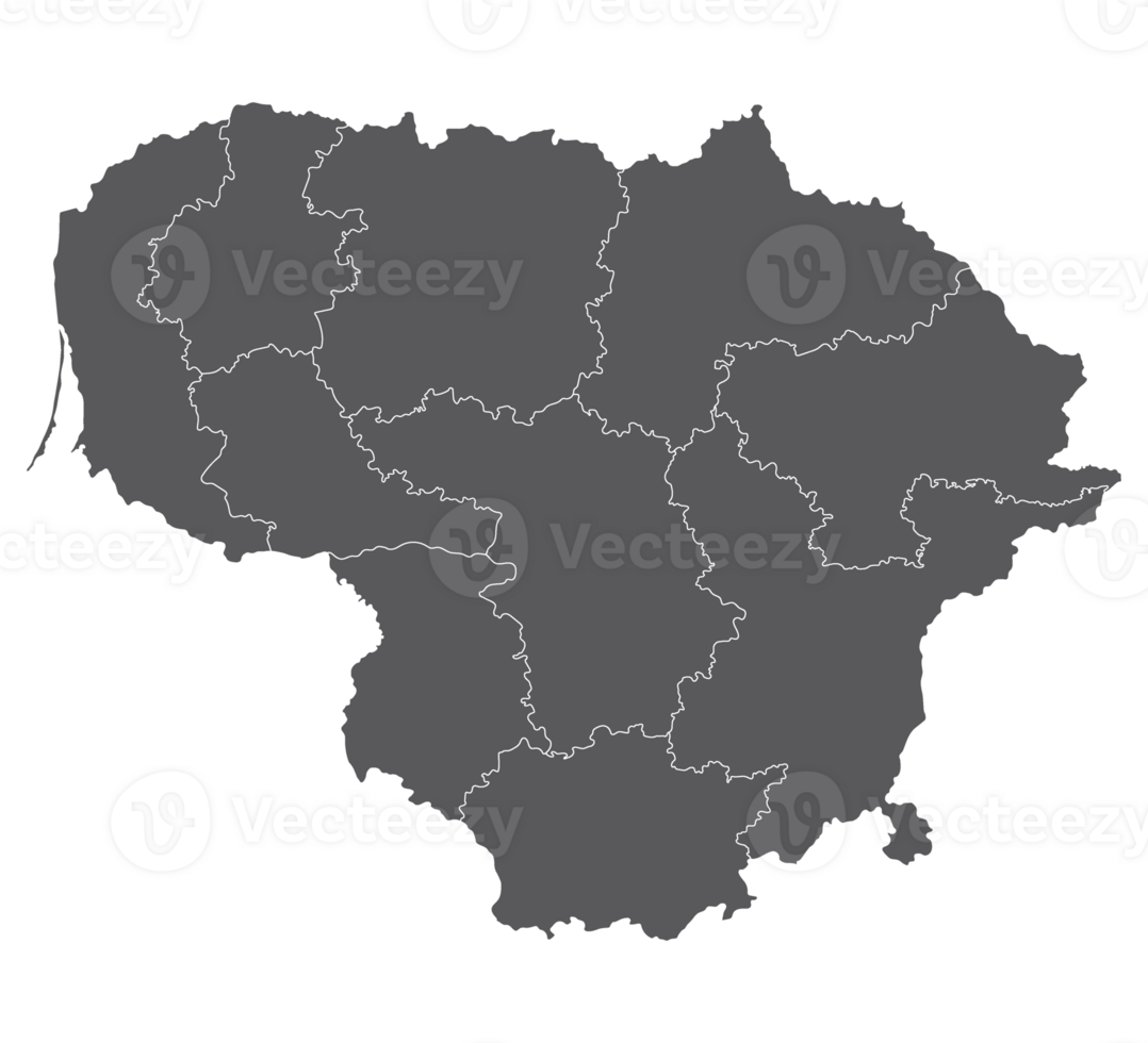 Lithuania map. Map of Lithuania in administrative regions in grey color png