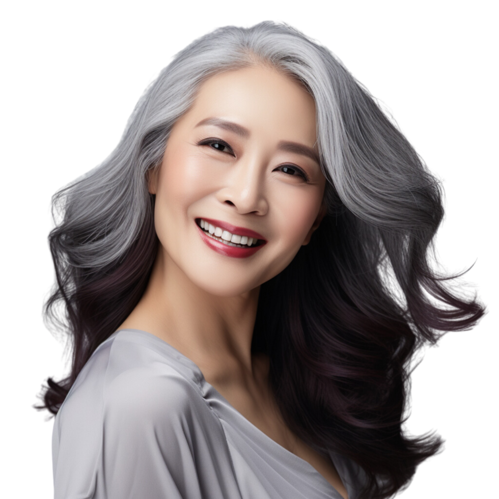 AI generated Beautiful Aging mature asia woman with smooth healthy face skin and long gray hair and happy smiling on a transparent background. png