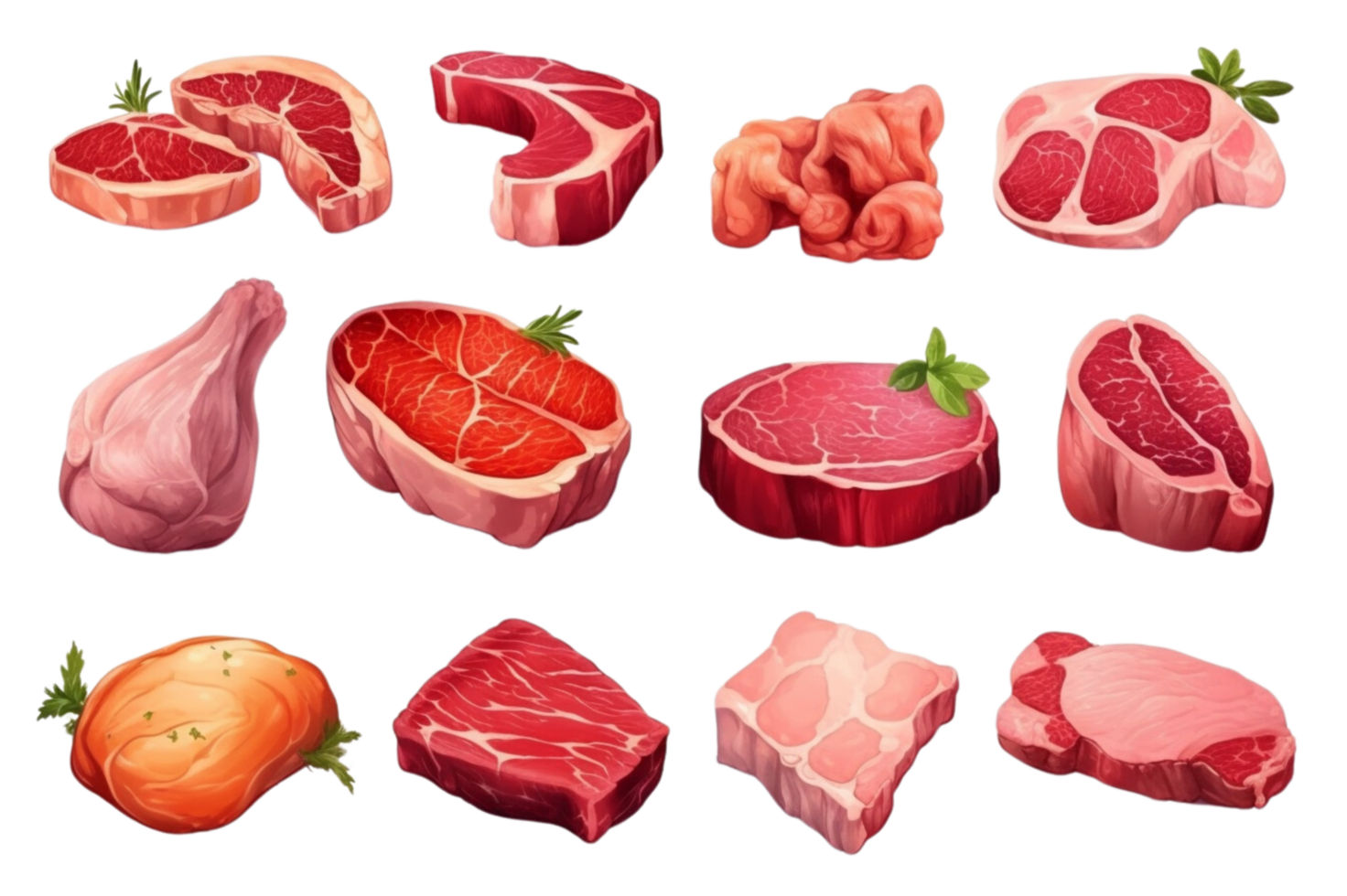 AI generated Set of fresh meat. Different parts of animal meat beef on a transparent background. png