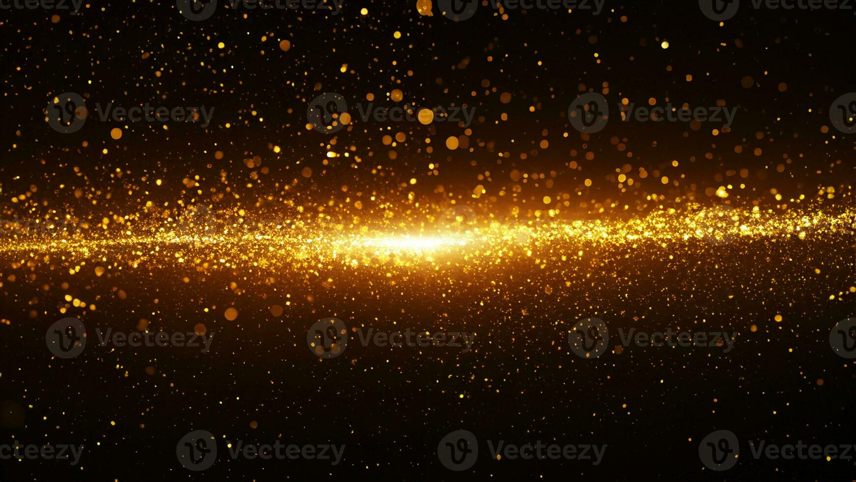 Gold color digital particles wave flow and light flare. Abstract technology background. photo