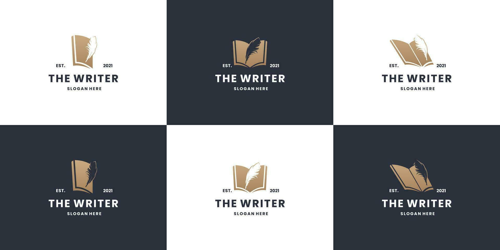 classic the writer logo collection. feather and book combine vector