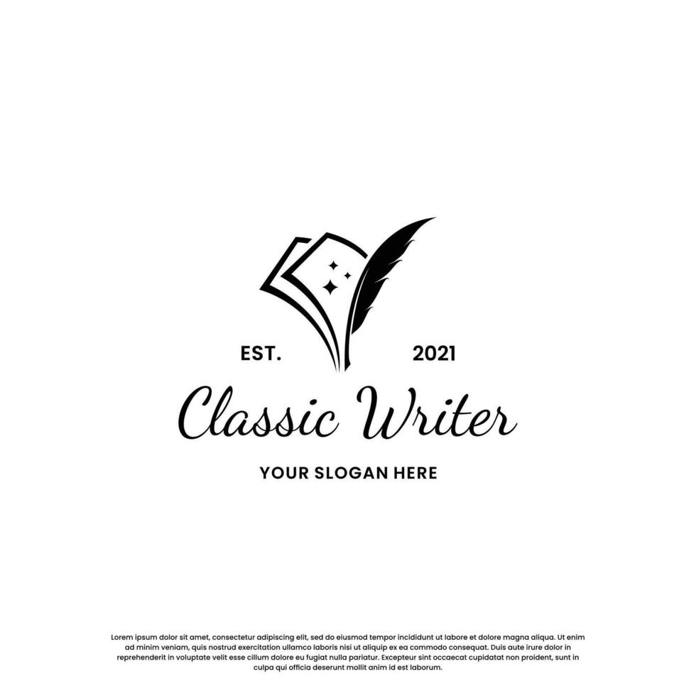 classic writer logo design. author logo feather with book combination.Print vector