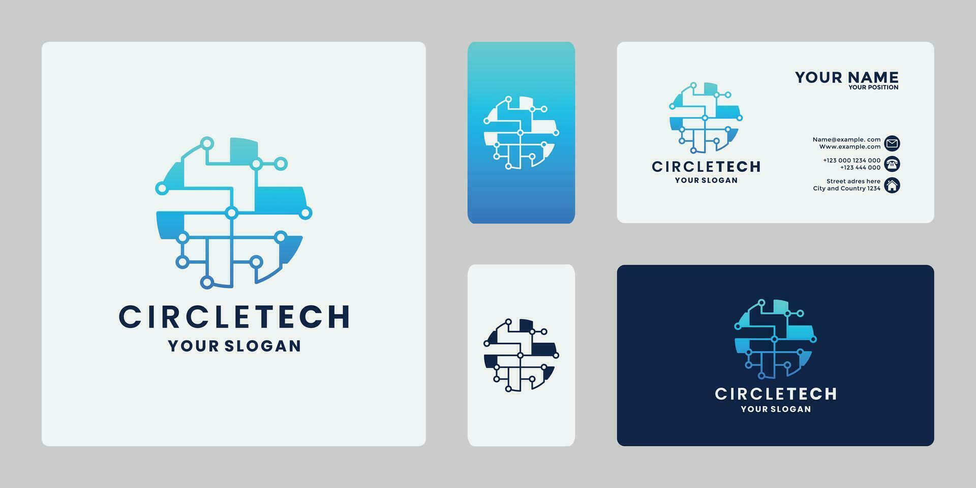 creative circle technology , world tech logo design with gradient color and business card vector