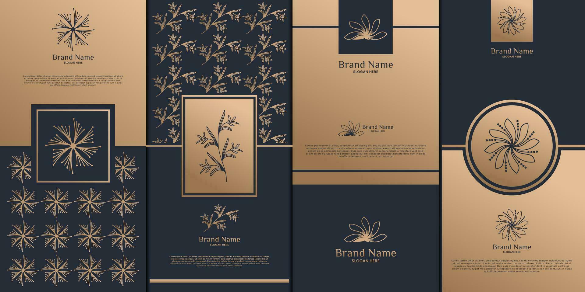 Luxury logo and gold packaging design. nature, luxury lotus, wellness, flower, pattern. vector