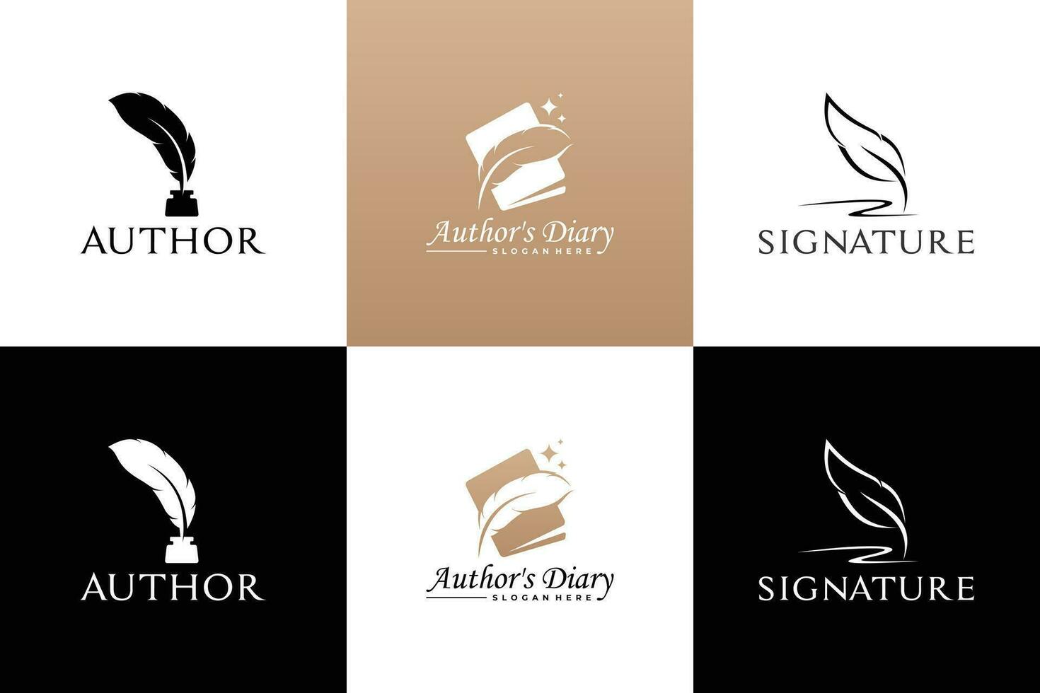 Set of quill signature logo design. Minimalist feather ink logo template. vector