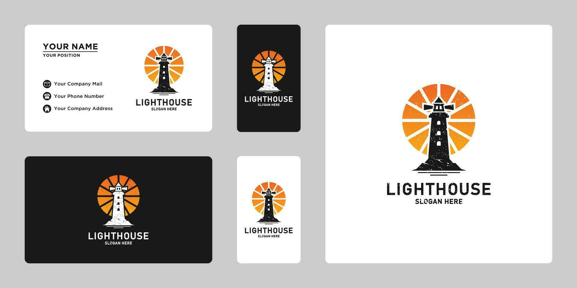 vintage lighthouse with sunset and grunge logo design template vector