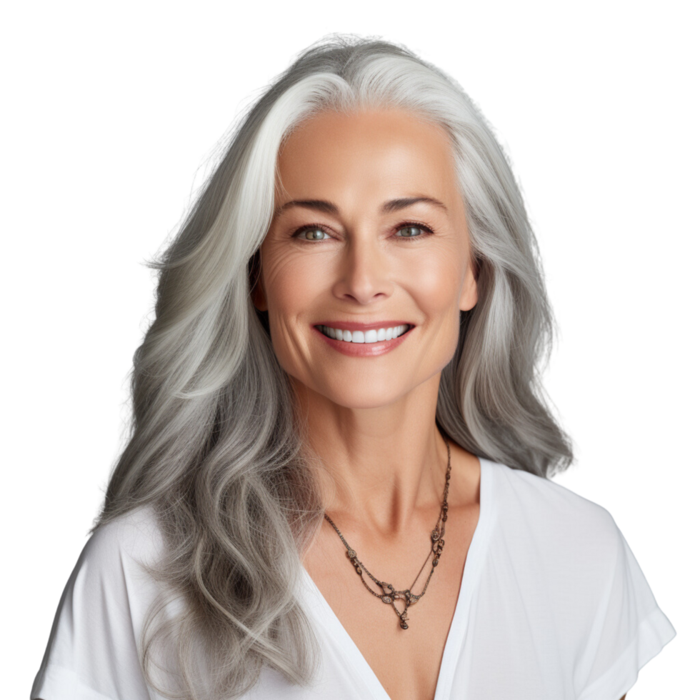 AI generated Beautiful Aging mature woman with smooth healthy face skin and long gray hair and happy smiling on a transparent background. png