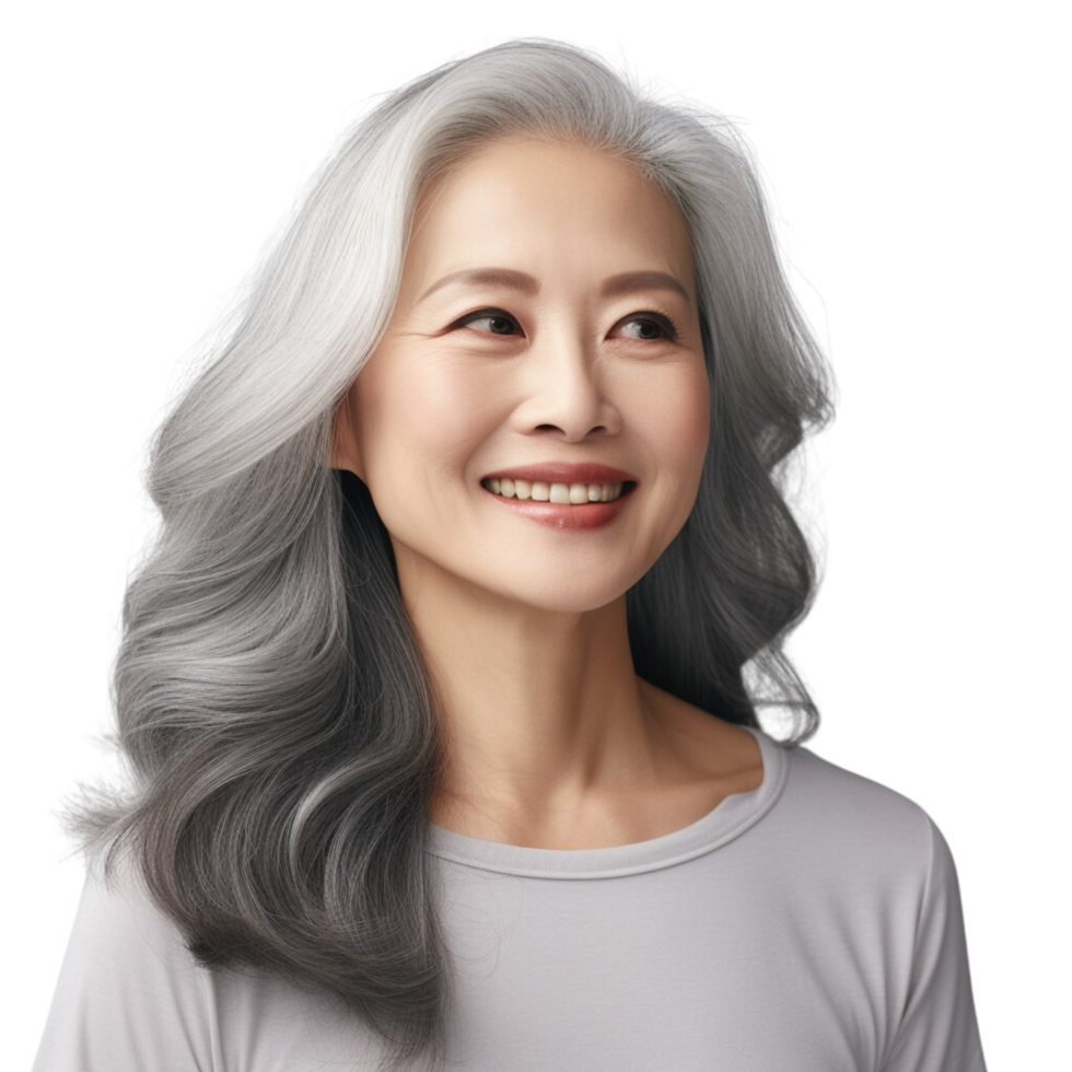 AI generated Beautiful Aging mature asia woman with smooth healthy face skin and long gray hair and happy smiling on a transparent background. png